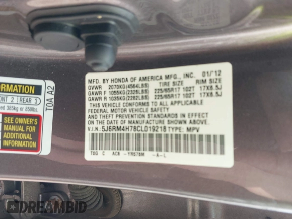 2012 Honda CR-V EX-L with VIN 5J6RM4H78CL019218, listed as a IAAI auction lot 42492790 with 166,217 mi miles and . Bid and sale history available at DreamBid. Image 9.