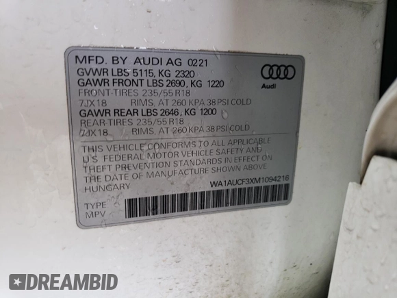 2021 Audi Q3 Premium with VIN WA1AUCF3XM1094216, listed as a Copart auction lot 58710615 with 86,743 mi miles and Salvage title. Bid and sale history available at DreamBid. Image 13.
