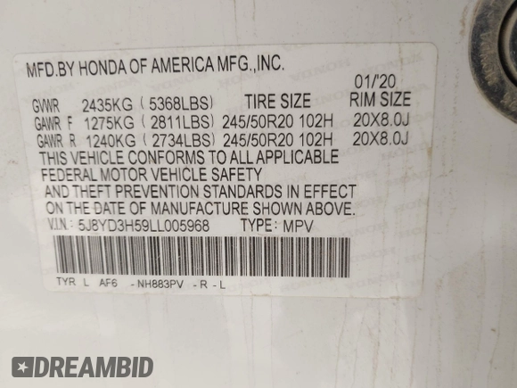 2020 Acura MDX Technology с VIN 5J8YD3H59LL005968, выставлен на аукционе IAAI как лот 42004312 с пробегом 101 114 миль миль и . История ставок и продаж доступна на DreamBid. Изображение 9.