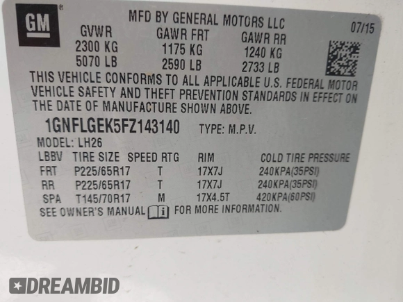 2015 Chevrolet Equinox LT with VIN 1GNFLGEK5FZ143140, listed as a IAAI auction lot 42085904 with 124,654 mi miles. Bid and sale history available at carsss.com. Image 9.