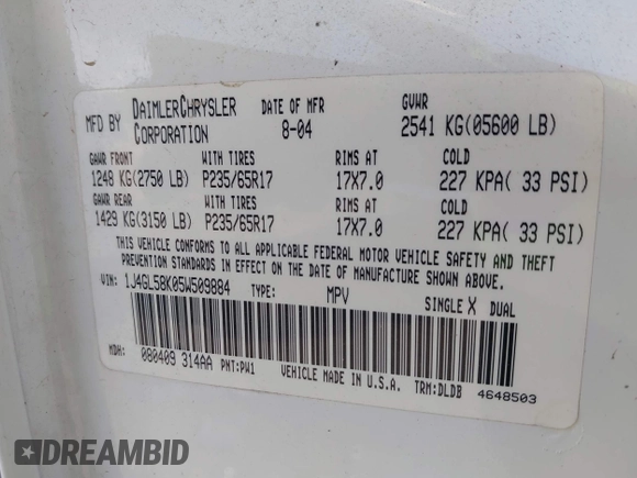 2005 Jeep Liberty Limited with VIN 1J4GL58K05W509884, listed as a IAAI auction lot 42245608 with 201,419 mi miles and . Bid and sale history available at DreamBid. Image 9.