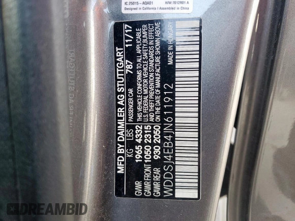 2018 Mercedes-Benz CLA 250 with VIN WDDSJ4EB4JN611912, listed as a Copart auction lot 61952745 with Not provided miles and Clean title. Bid and sale history available at DreamBid. Image 12.