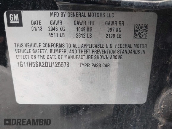 2013 Chevrolet Malibu LTZ with VIN 1G11H5SA2DU125573, listed as a IAAI auction lot 42047422 with 165,493 mi miles and . Bid and sale history available at DreamBid. Image 9.