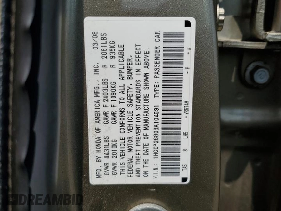 2008 Honda Accord EX-L z VIN 1HGCP26808A104691, wystawiony jako Copart lot #60058365 z przebiegiem 125 528 mil mil oraz Szkoda całkowita • Salvage title. Historia ofert i sprzedaży dostępna na DreamBid. Obrazek 12.