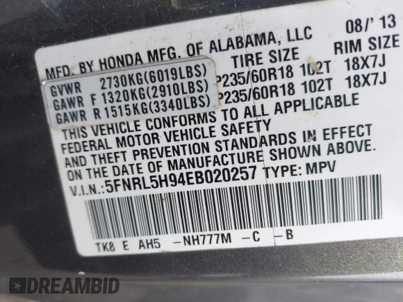 2014 Honda Odyssey Touring with VIN 5FNRL5H94EB020257, listed as a IAAI auction lot 41924245 with 204,526 mi miles and . Bid and sale history available at DreamBid. Image 9.