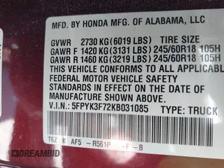 2019 Honda Ridgeline RTL-E with VIN 5FPYK3F72KB031085, listed as a IAAI auction lot 42236249 with 73,612 mi miles and . Bid and sale history available at DreamBid. Image 9.