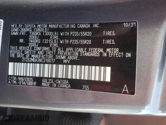2022 Lexus RX 350 F Sport with VIN 2T2SZMDA3NC318017, listed as a Copart auction lot 86857654 with 54,131 mi miles and Salvage title. Bid and sale history available at DreamBid. Image 14.
