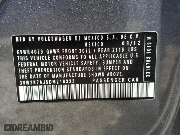 2013 Volkswagen Jetta S с VIN 3VW2K7AJ5DM216333, выставлен на аукционе Copart как лот 54557705 с пробегом 173 229 миль миль и Списание • Salvage title. История ставок и продаж доступна на DreamBid. Изображение 12.