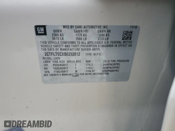 2011 GMC Terrain SLE-2 with VIN 2CTFLTECXB6292812, listed as a Copart auction lot 60853525 with Not provided miles and Salvage title. Bid and sale history available at DreamBid. Image 13.