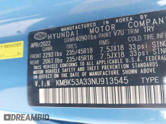 2022 Hyundai Kona Limited with VIN KM8K53A33NU913545, listed as a IAAI auction lot 41879560 with 21,416 mi miles. Bid and sale history available at carsss.com. Image 9.
