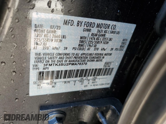 2023 Ford Mustang Mach-E Premium with VIN 3FMTK3SU2PMA70370, listed as a Copart auction lot 65089015 with 32,785 mi miles and Salvage title. Bid and sale history available at DreamBid. Image 13.