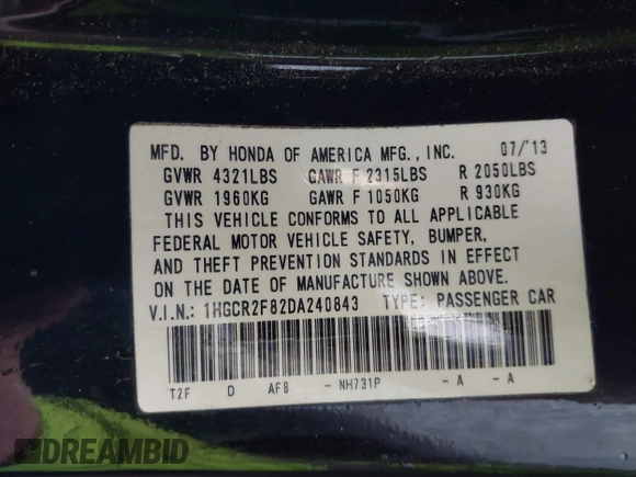 2013 Honda Accord EX-L with VIN 1HGCR2F82DA240843, listed as a IAAI auction lot 41932547 with 119,212 mi miles and . Bid and sale history available at DreamBid. Image 9.