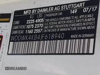 2018 Mercedes-Benz C 300 with VIN WDDWK4KB4JF618940, listed as a IAAI auction lot 42264717 with 77,963 mi miles and . Bid and sale history available at DreamBid. Image 9.