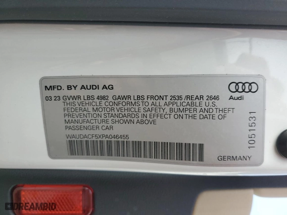 2023 Audi A5 Sportback S line Premium with VIN WAUDACF5XPA046455, listed as a Copart auction lot 75923694 with NaN miles and Salvage Title. Bid and sale history available at carsss.com. Image 15.