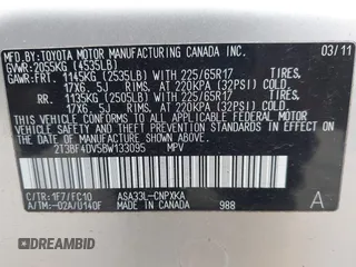 2011 Toyota RAV4 with VIN 2T3BF4DV5BW133095, listed as a IAAI auction lot 42064118 with 141,862 mi miles. Bid and sale history available at carsss.com. Image 9.