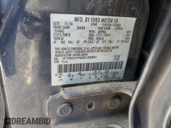 2006 Ford F-350 XL with VIN 1FTSW31P26EC52901, listed as a Copart auction lot 53326475 with Not Provided miles and Salvage Title. Bid and sale history available at DreamBid. Image 12.