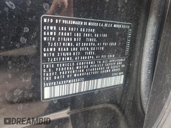 2023 Volkswagen Tiguan S with VIN 3VVFB7AX8PM085672, listed as a Copart auction lot 46102945 with 11,151 mi miles and Salvage title. Bid and sale history available at DreamBid. Image 12.