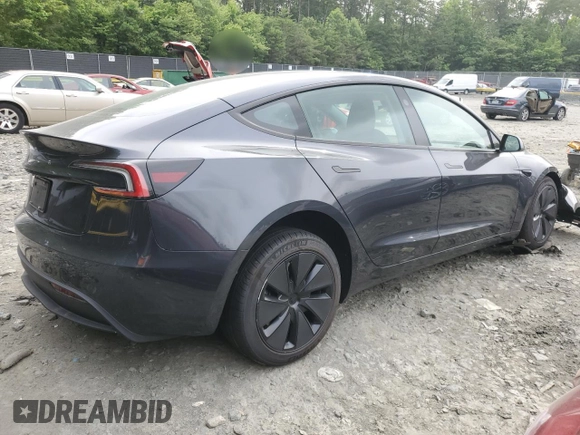 2025 Tesla Model 3 Long Range with VIN 5YJ3E1EAXSF878982, listed as a Copart auction lot 60302315 with 4,312 mi miles and Salvage title. Bid and sale history available at DreamBid. Image 3.