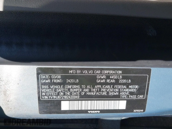 2008 Volvo V50 2.5T R-Design with VIN YV1MJ672182420949, listed as a IAAI auction lot 41992683 with 241,077 mi miles. Bid and sale history available at carsss.com. Image 9.