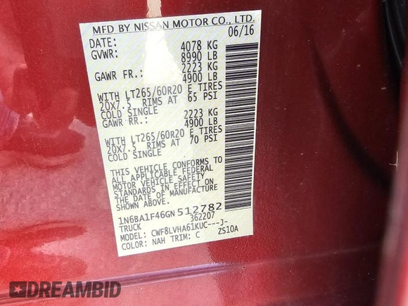 2016 Nissan Titan SL with VIN 1N6BA1F46GN512782, listed as a Copart auction lot 56707315 with 123,503 mi miles and Clean title. Bid and sale history available at DreamBid. Image 10.