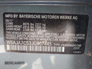 2018 BMW 5 Series 530i xDrive with VIN WBAJA7C53JG907445, listed as a IAAI auction lot 42007516 with Not Provided miles. Bid and sale history available at carsss.com. Image 9.