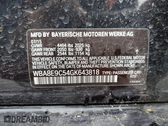 2016 BMW 3 Series 328i with VIN WBA8E9C54GK643818, listed as a Copart auction lot 49185345 with 124,775 mi miles and Salvage Title. Bid and sale history available at DreamBid. Image 14.
