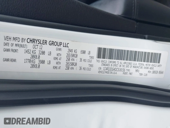 2013 Dodge Durango Crew with VIN 1C4RDJDG4DC518156, listed as a IAAI auction lot 42516880 with 162,402 mi miles and . Bid and sale history available at DreamBid. Image 9.