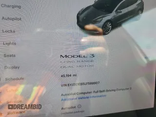 2020 Tesla Model 3 Long Range with VIN 5YJ3E1EB5LF589907, listed as a Copart auction lot 54778655 with 45,194 mi miles and Salvage Title. Bid and sale history available at DreamBid. Image 9.