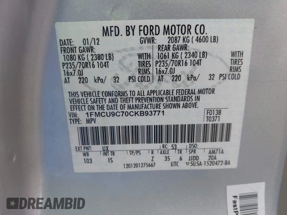 2012 Ford Escape XLS with VIN 1FMCU9C70CKB93771, listed as a IAAI auction lot 41766025 with 151,975 mi miles and . Bid and sale history available at DreamBid. Image 9.