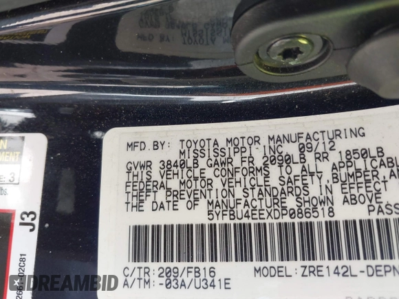 2013 Toyota Corolla L with VIN 5YFBU4EEXDP086518, listed as a IAAI auction lot 41654757 with 151,913 mi miles. Bid and sale history available at carsss.com. Image 9.