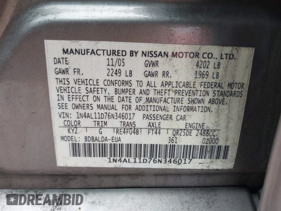 2006 Nissan Altima S with VIN 1N4AL11D76N346017, listed as a IAAI auction lot 42075405 with 114,192 mi miles and . Bid and sale history available at DreamBid. Image 9.