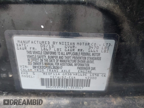 2014 Nissan Note S Plus z VIN 3N1CE2CP2EL353517, wystawiony jako IAAI lot #41961461 z przebiegiem 157 323 mil mil oraz . Historia ofert i sprzedaży dostępna na DreamBid. Obrazek 9.