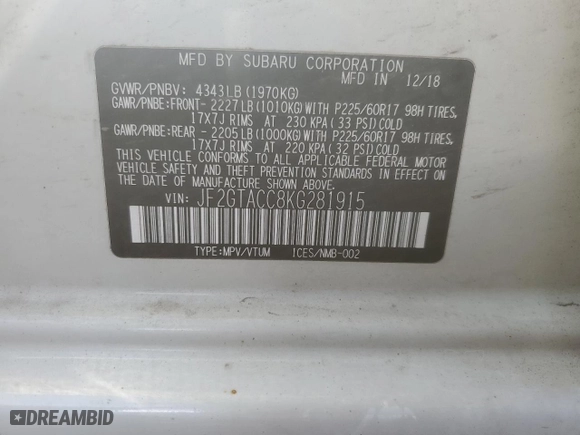 2019 Subaru Crosstrek Premium with VIN JF2GTACC8KG281915, listed as a Copart auction lot 87486444 with 55,596 mi miles and Salvage Title. Bid and sale history available at carsss.com. Image 12.