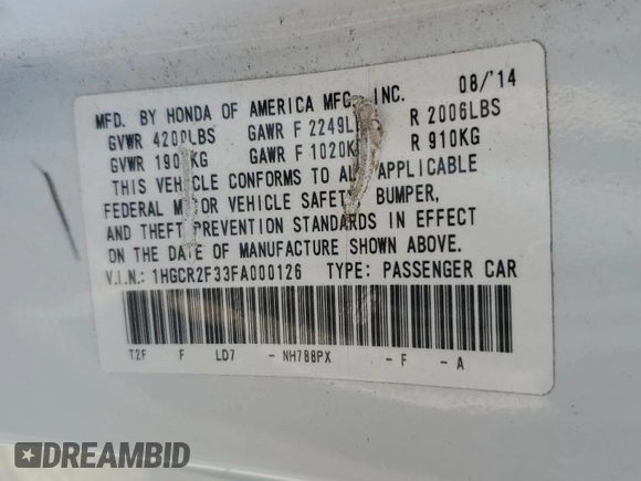 2015 Honda Accord Sedan LX with VIN 1HGCR2F33FA000126, listed as a Copart auction lot 51714905 with 112,748 mi miles and Salvage Title. Bid and sale history available at carsss.com. Image 14.