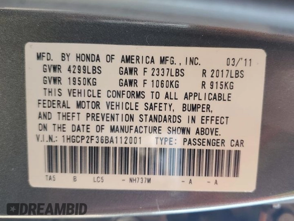 2011 Honda Accord LX z VIN 1HGCP2F36BA112001, wystawiony jako Copart lot #62238045 z przebiegiem 179 469 mil mil oraz Czysty tytuł • Clean title. Historia ofert i sprzedaży dostępna na DreamBid. Obrazek 12.