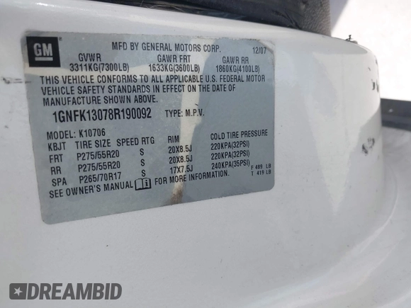 2008 Chevrolet Tahoe LTZ with VIN 1GNFK13078R190092, listed as a IAAI auction lot 41690795 with 147,041 mi miles and . Bid and sale history available at DreamBid. Image 9.