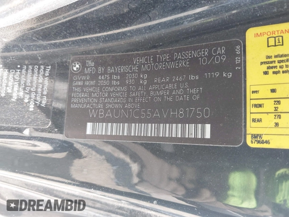 2010 BMW 1 Series 128i with VIN WBAUN1C55AVH81750, listed as a IAAI auction lot 42411484 with 124,432 mi miles and . Bid and sale history available at DreamBid. Image 9.