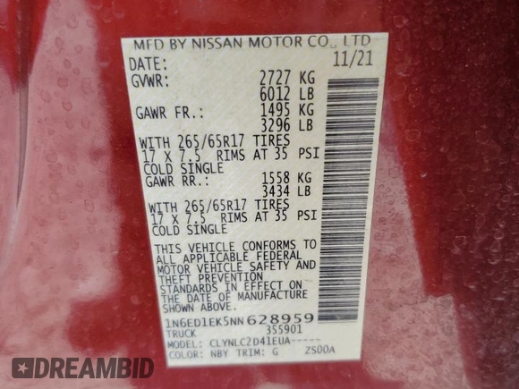 2022 Nissan Frontier S with VIN 1N6ED1EK5NN628959, listed as a Copart auction lot 67492454 with 33,617 mi miles and Salvage Title. Bid and sale history available at carsss.com. Image 13.
