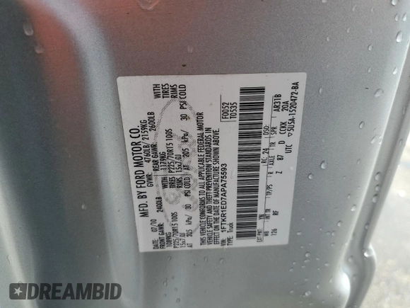 2010 Ford Ranger XL with VIN 1FTKR1ED7APA75593, listed as a Copart auction lot 50238665 with 84,247 mi miles and Salvage Title. Bid and sale history available at DreamBid. Image 13.
