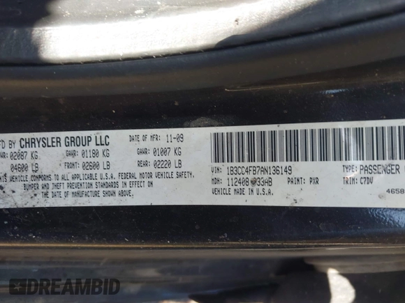 2010 Dodge Avenger SXT with VIN 1B3CC4FB7AN136149, listed as a IAAI auction lot 42624702 with Not provided miles and . Bid and sale history available at DreamBid. Image 9.