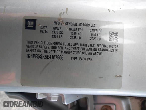 2014 Buick Verano Convenience Group with VIN 1G4PR5SK5E4167966, listed as a IAAI auction lot 42456652 with 242,427 mi miles and . Bid and sale history available at DreamBid. Image 9.
