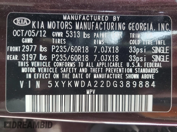 2013 Kia Sorento SX z VIN 5XYKWDA22DG389884, wystawiony jako Copart lot #58813735 z przebiegiem 101 567 mil mil oraz Szkoda całkowita • Salvage title. Historia ofert i sprzedaży dostępna na DreamBid. Obrazek 14.
