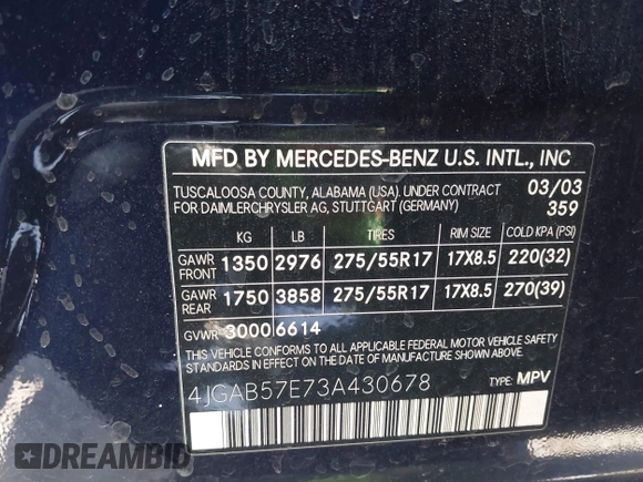 2003 Mercedes-Benz M 350 с VIN 4JGAB57E73A430678, выставлен на аукционе IAAI как лот 42268554 с пробегом 239 108 миль миль и . История ставок и продаж доступна на DreamBid. Изображение 9.
