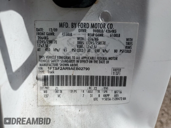 2010 Ford F-250 with VIN 1FTSF2AR9AEB02790, listed as a Copart auction lot 44828744 with 71,942 mi miles and Salvage title. Bid and sale history available at DreamBid. Image 12.