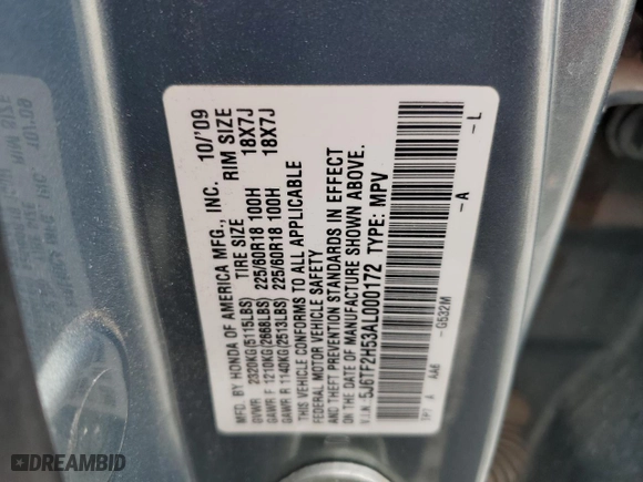 2010 Honda Accord Crosstour EX-L with VIN 5J6TF2H53AL000172, listed as a Copart auction lot 47412605 with 132,307 mi miles and Salvage Title. Bid and sale history available at carsss.com. Image 12.