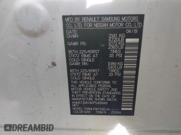2019 Nissan Rogue SV with VIN KNMAT2MV4KP548848, listed as a IAAI auction lot 41802238 with 198,710 mi miles and . Bid and sale history available at DreamBid. Image 9.