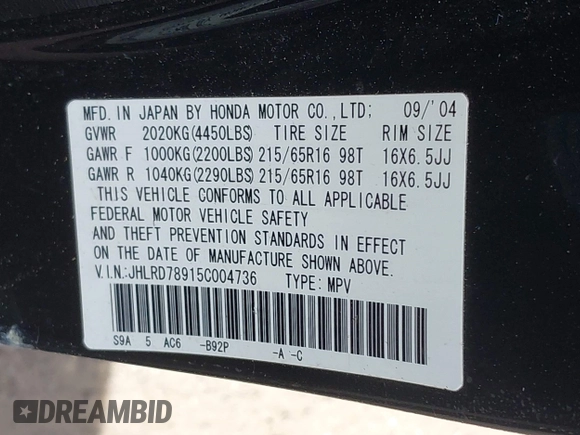 2005 Honda CR-V EX SE with VIN JHLRD78915C004736, listed as a IAAI auction lot 42074538 with 248,714 mi miles. Bid and sale history available at carsss.com. Image 9.