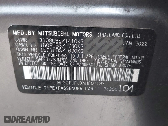 2022 Mitsubishi Mirage ES with VIN ML32FUFJXNHF07193, listed as a IAAI auction lot 42173895 with 23,863 mi miles and . Bid and sale history available at DreamBid. Image 9.