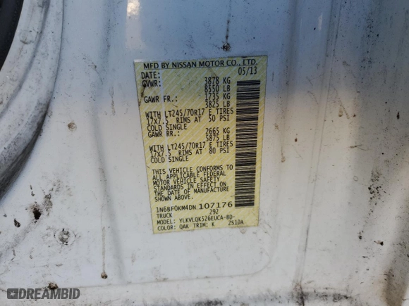 2013 Nissan NV Cargo S with VIN 1N6BF0KM4DN107176, listed as a Copart auction lot 84621944 with 0 mi miles and Salvage Title. Bid and sale history available at carsss.com. Image 12.