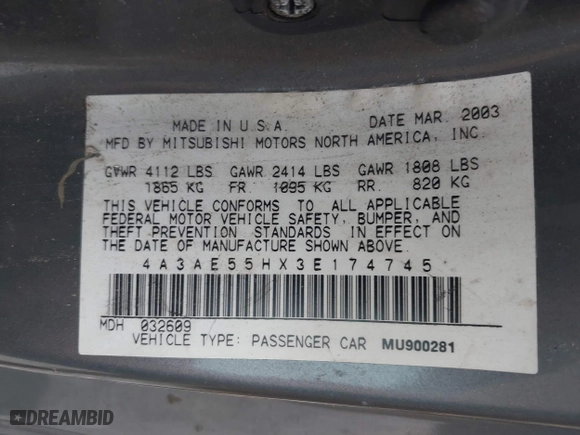 2003 Mitsubishi Eclipse GT with VIN 4A3AE55HX3E174745, listed as a IAAI auction lot 41303685 with 103,147 mi miles. Bid and sale history available at carsss.com. Image 9.